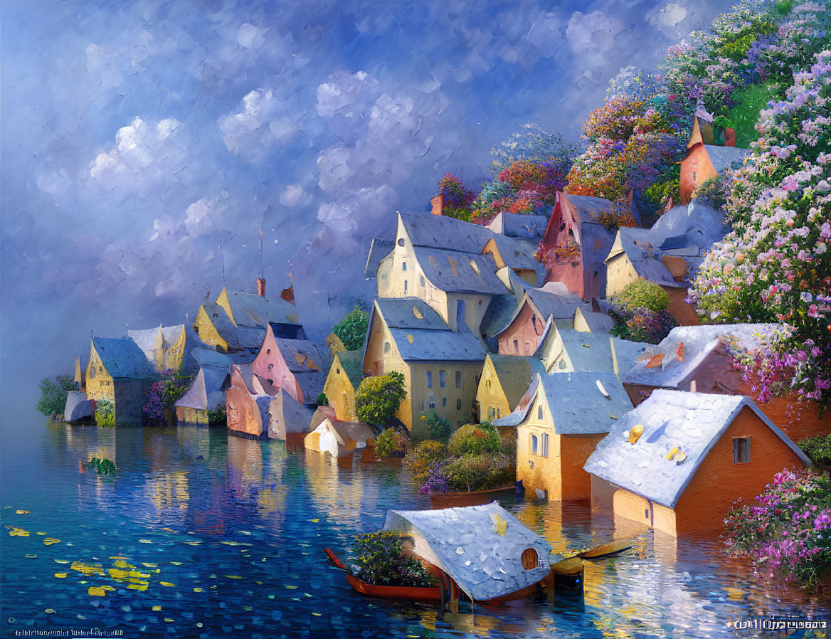 Pastel-colored village painting with submerged houses and lush flora