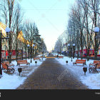 Colorful painting: Serene park at dusk with street lamps and figure