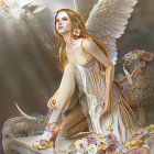 Pensive female figure with butterfly wings in warm colors