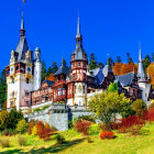 Colorful Autumn Foliage Surrounding European-Style Building by Tranquil River