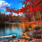 Scenic autumn landscape with lake, boats, castle, and colorful trees