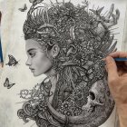 Detailed pencil drawing of woman with ornate headdress and intricate patterns.