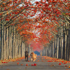 Colorful painting of tree-lined path with whimsical houses & intricate bark patterns