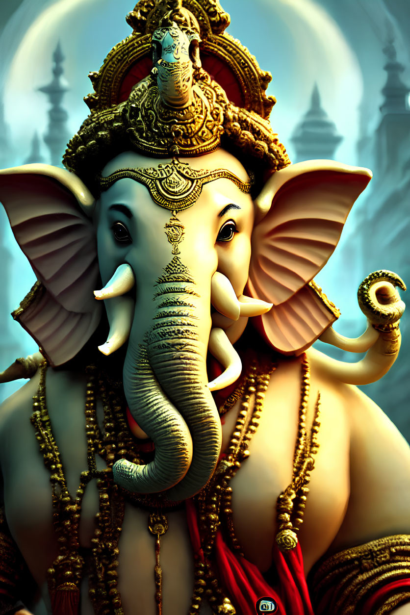 Elephant-headed Hindu deity illustration with golden ornaments and red dhoti.