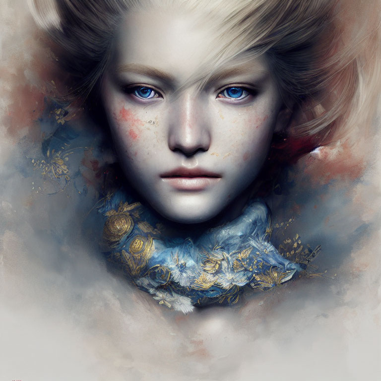 Portrait of a person with blue eyes, freckles, and floral collar in digital art