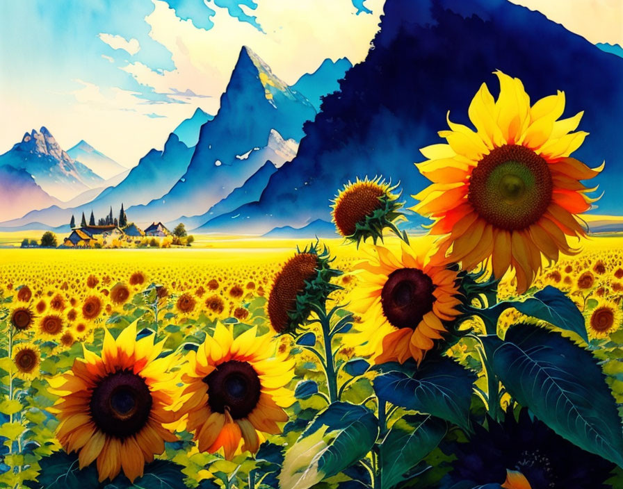 Sunflower Painting with Village, Mountains, and Blue Sky