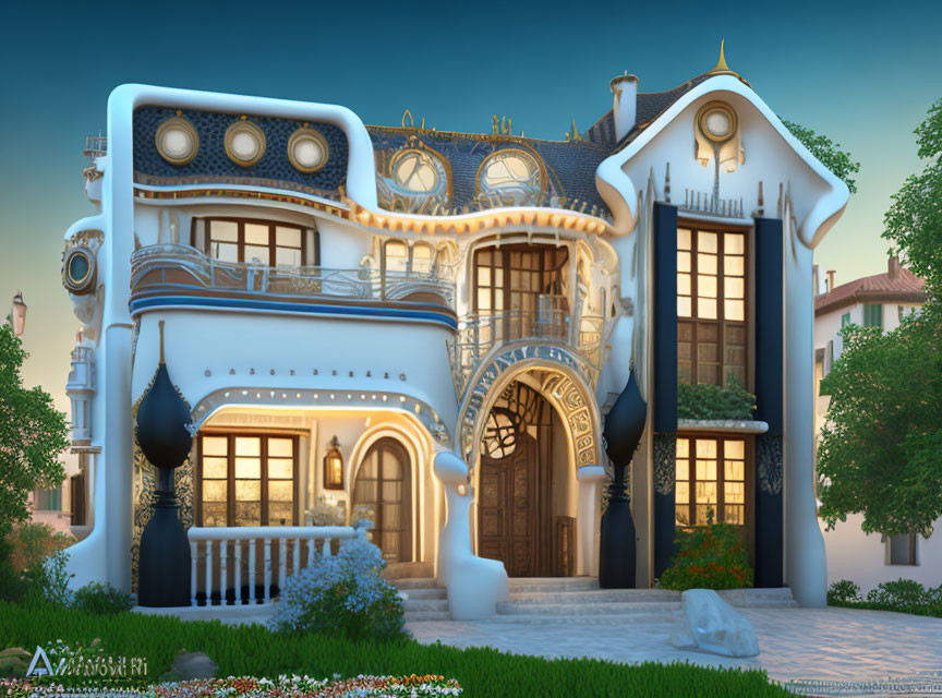 Cartoon-style two-story house in soft blue and white colors with warm lights in a manicured garden