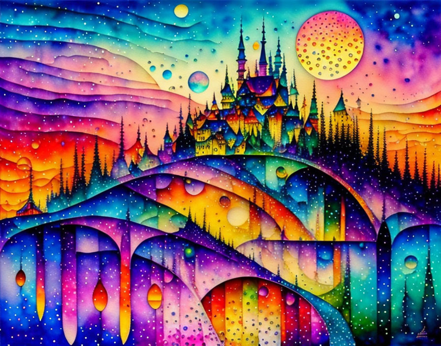 Colorful Artwork: Whimsical Castle in Rainbow Landscape