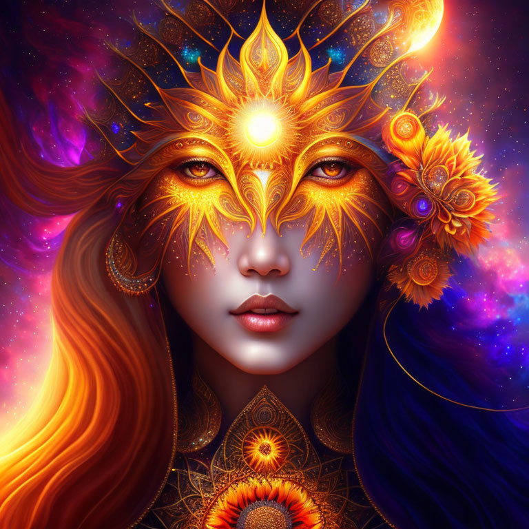 Mystical Woman with Sun-themed Headdress and Cosmic Background