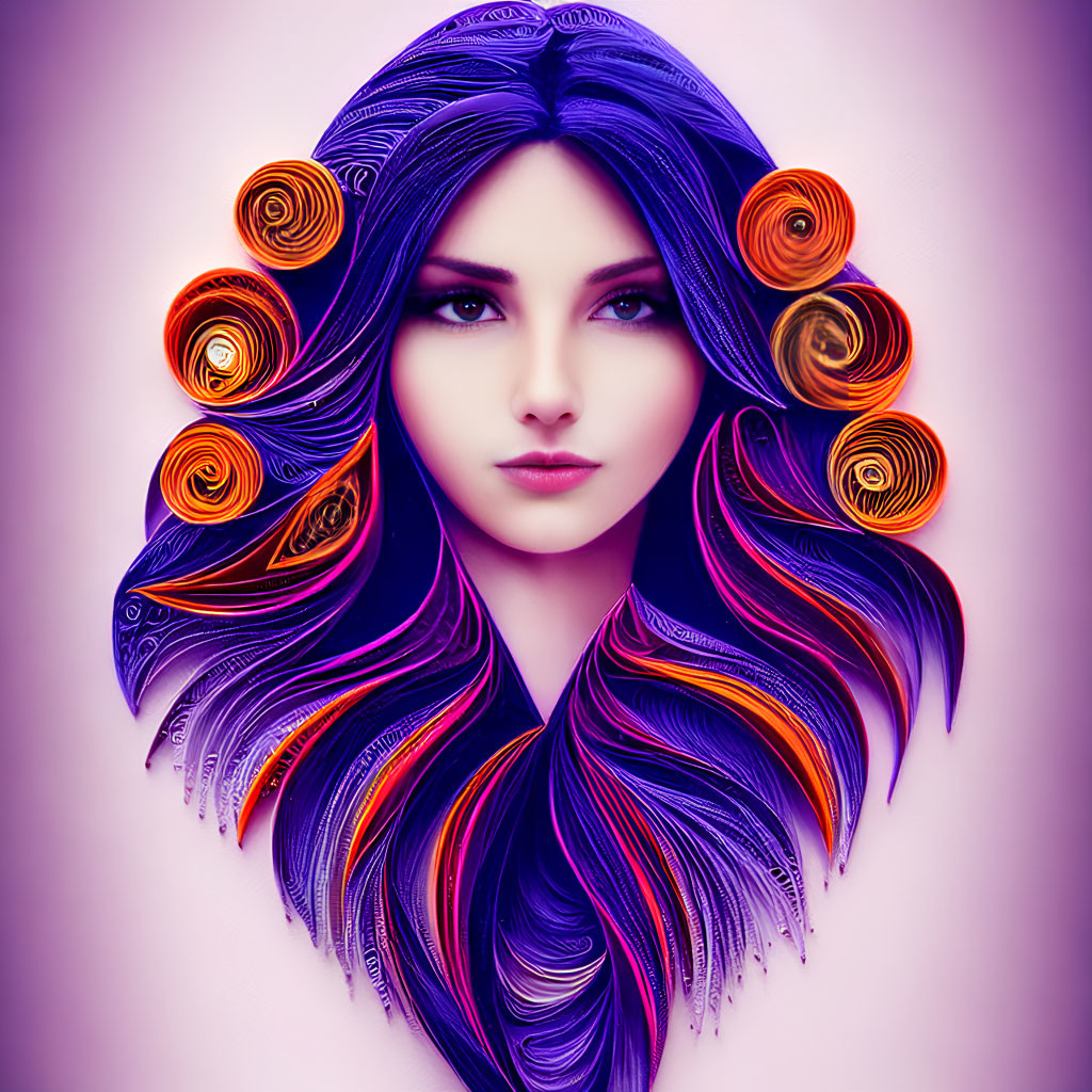 Vibrant purple hair woman with intricate swirl patterns on soft purple backdrop