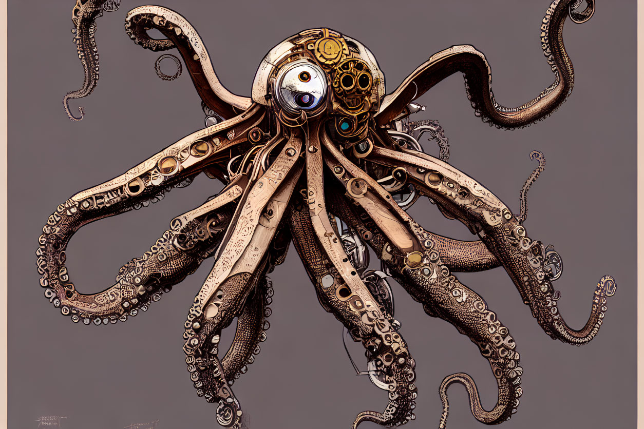 Steampunk-style octopus illustration with brass textures and gear eyes