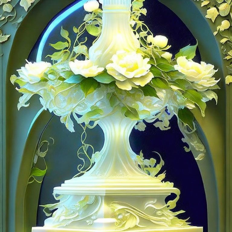 White Roses and Green Leaves in Decorative Vase on Blue Background