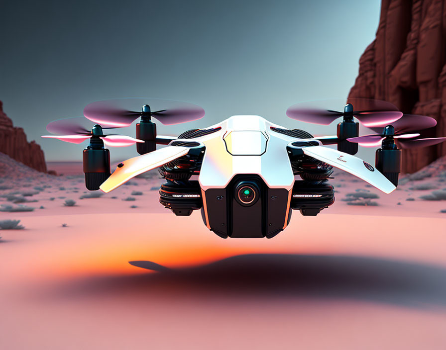 White drone with multiple propellers above desert landscape at pinkish sunset