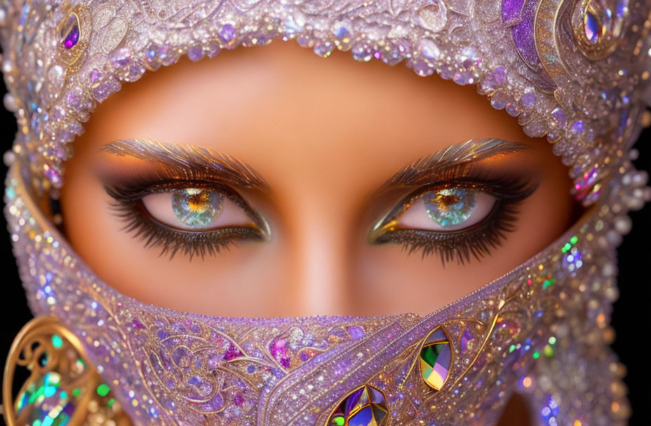 Detailed Purple Mask with Intricate Designs and Jewels on Person's Face