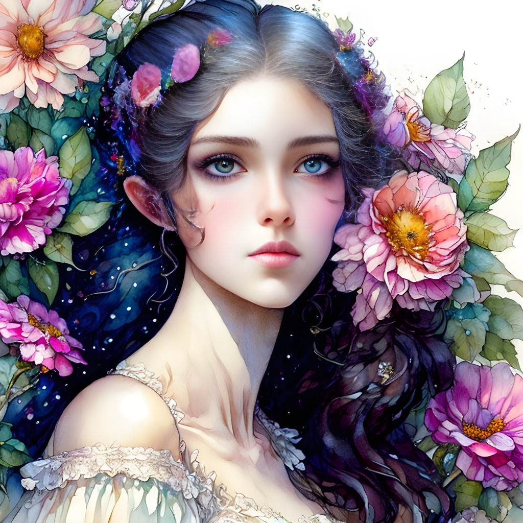 Illustrated female character with pointy ears and floral crown among colorful flowers on starry background