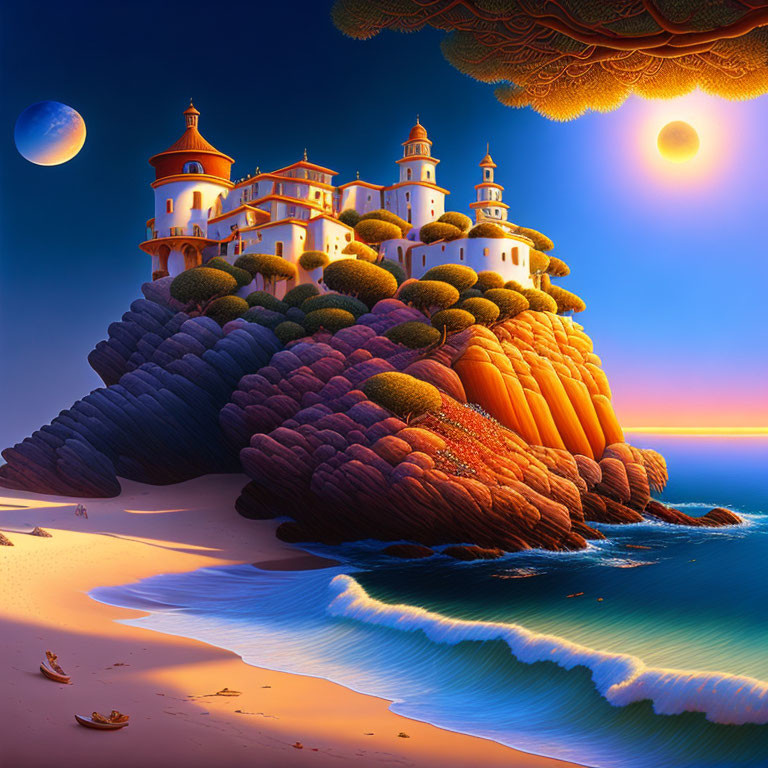 Surreal landscape with castle, terraced cliffs, two moons, starry sky, and serene