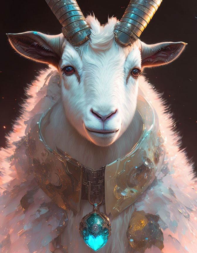 Digital artwork of majestic white goat with ornate horns, detailed fur, and embellished collar.