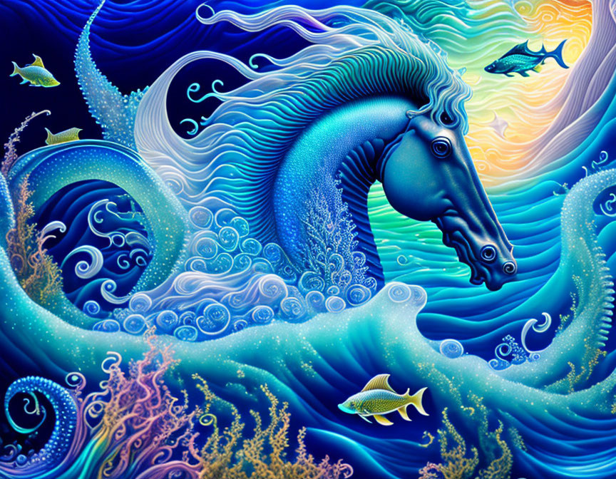 Colorful Stylized Seahorse Artwork Among Ocean Waves and Marine Life