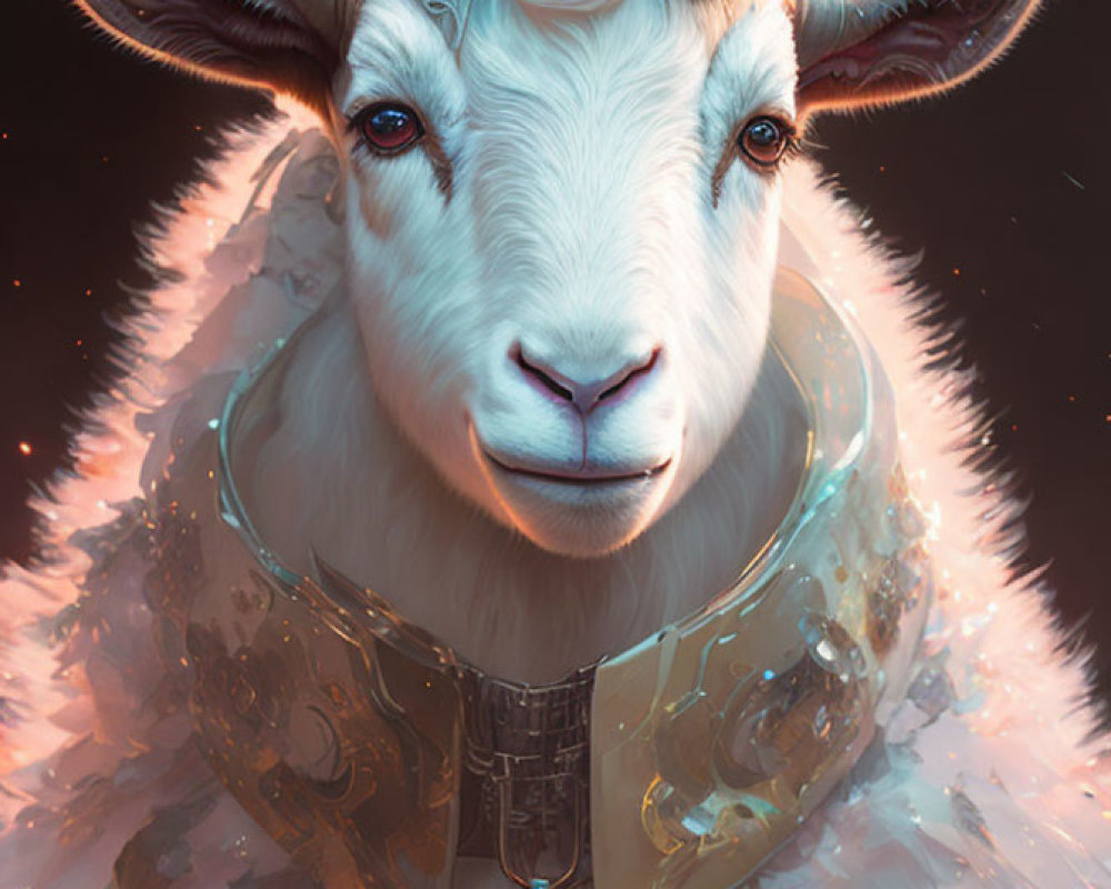 Digital artwork of majestic white goat with ornate horns, detailed fur, and embellished collar.