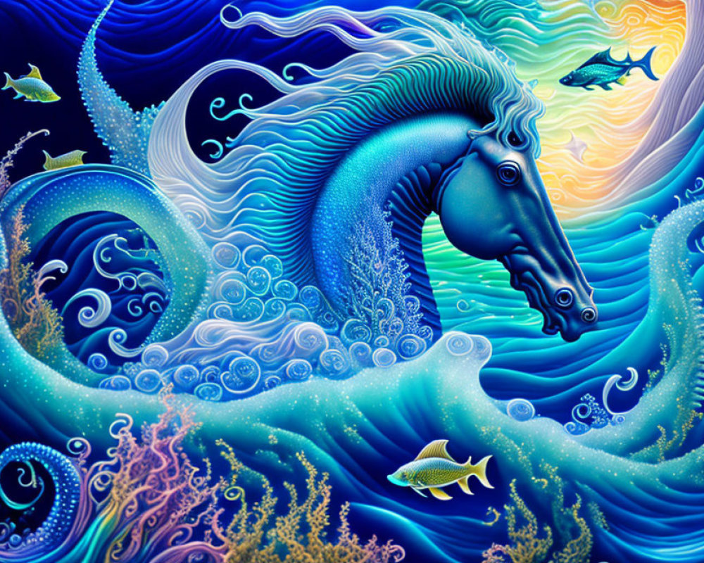 Colorful Stylized Seahorse Artwork Among Ocean Waves and Marine Life