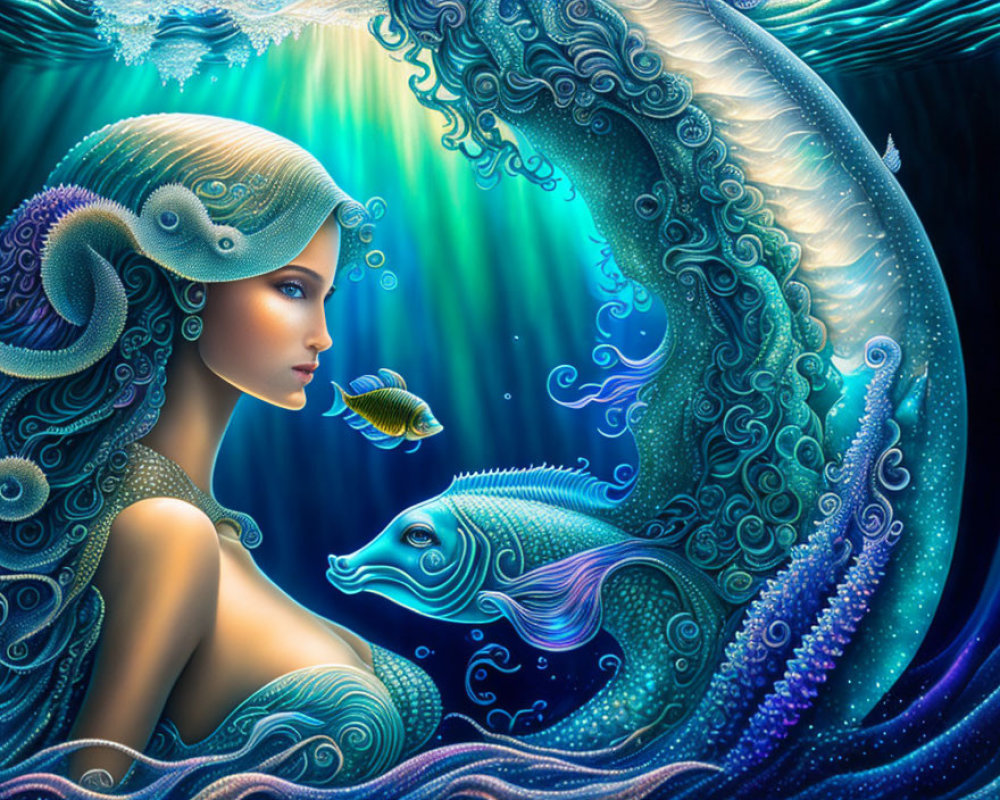 Fantasy mermaid digital art with flowing hair and underwater motifs