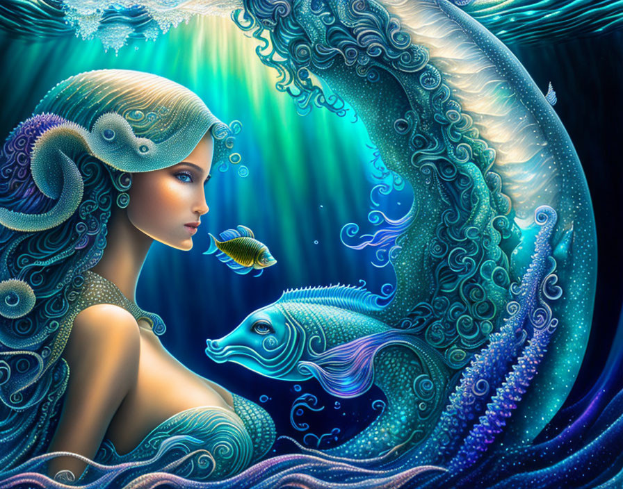 Fantasy mermaid digital art with flowing hair and underwater motifs