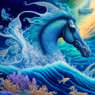 Colorful Stylized Seahorse Artwork Among Ocean Waves and Marine Life