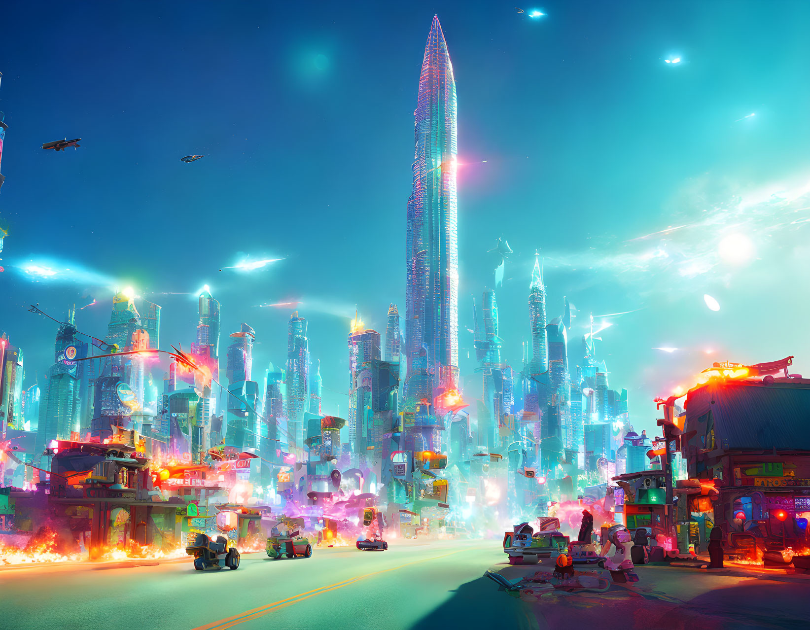 Futuristic cityscape at dusk with neon lights and skyscrapers