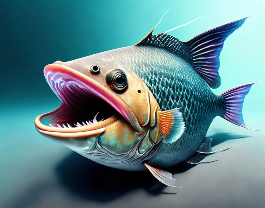 Colorful Fish Artwork with Exaggerated Features on Teal Background