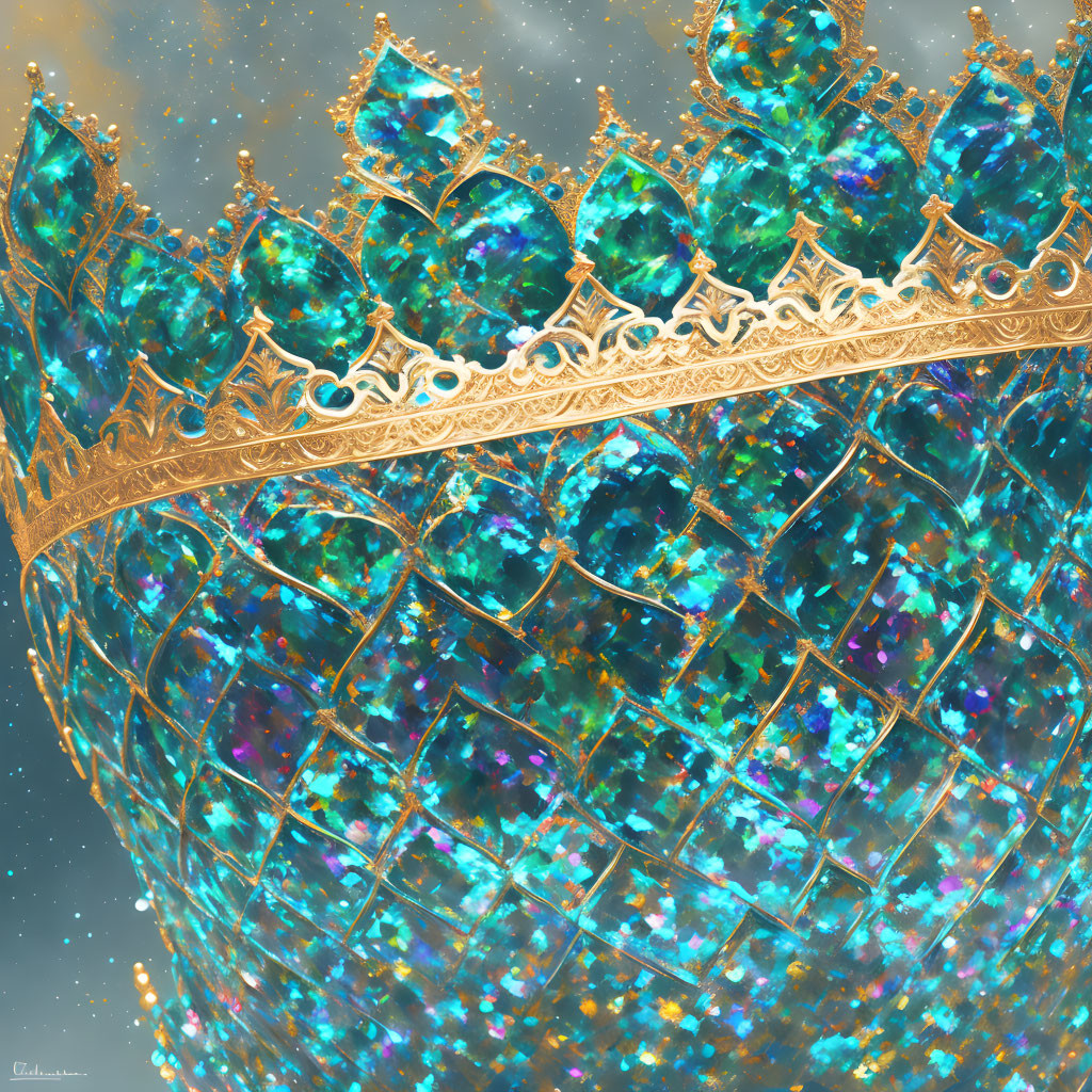 Golden crown with teal gemstones on glittering backdrop