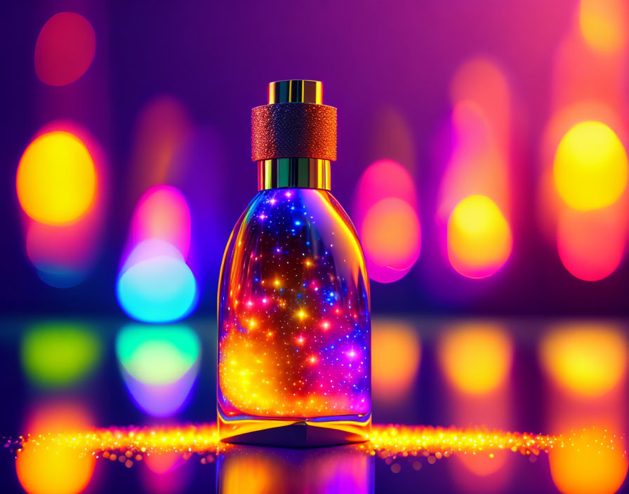 Starry cosmic design perfume bottle with vibrant bokeh lights