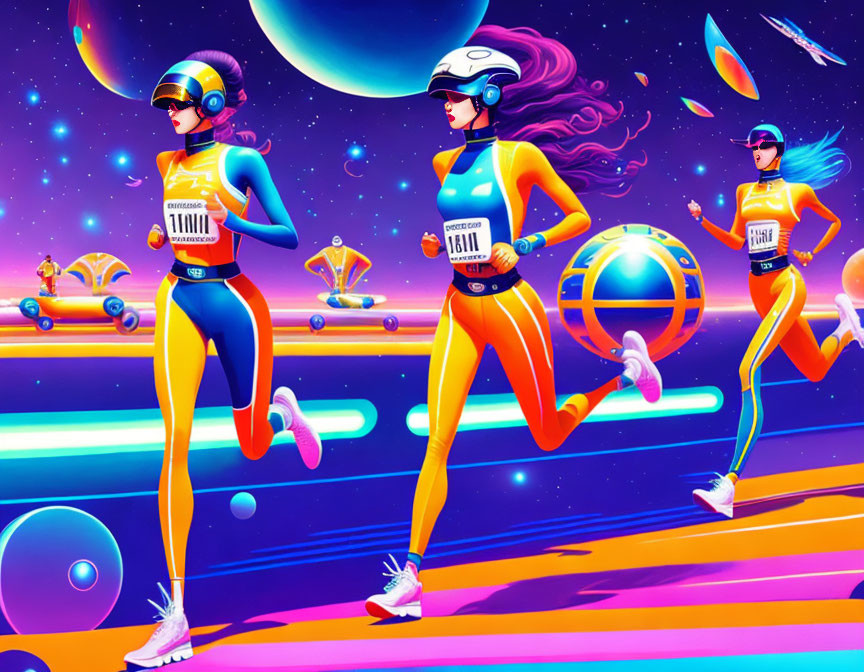 Futuristic VR runners race on cosmic track