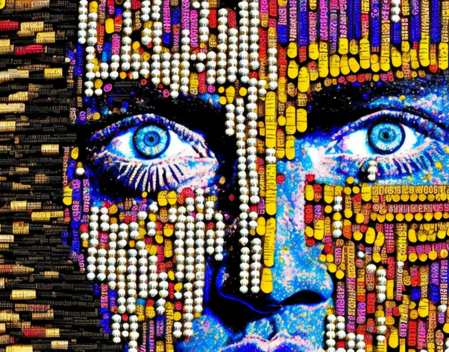 Colorful mosaic portrait with blue eyes on text-patterned background