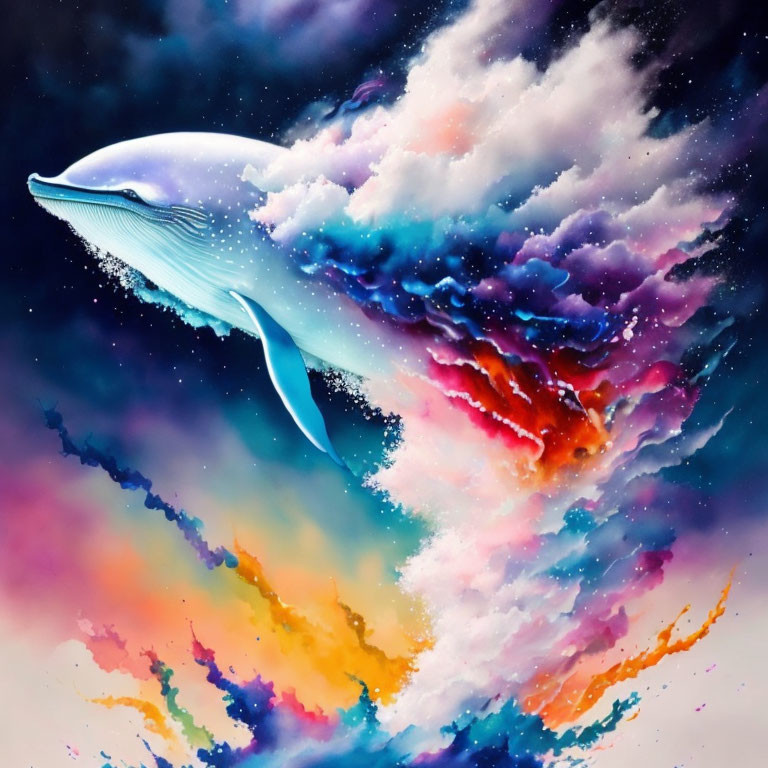 Whale swimming in vibrant cosmic cloud of blues, pinks, and oranges