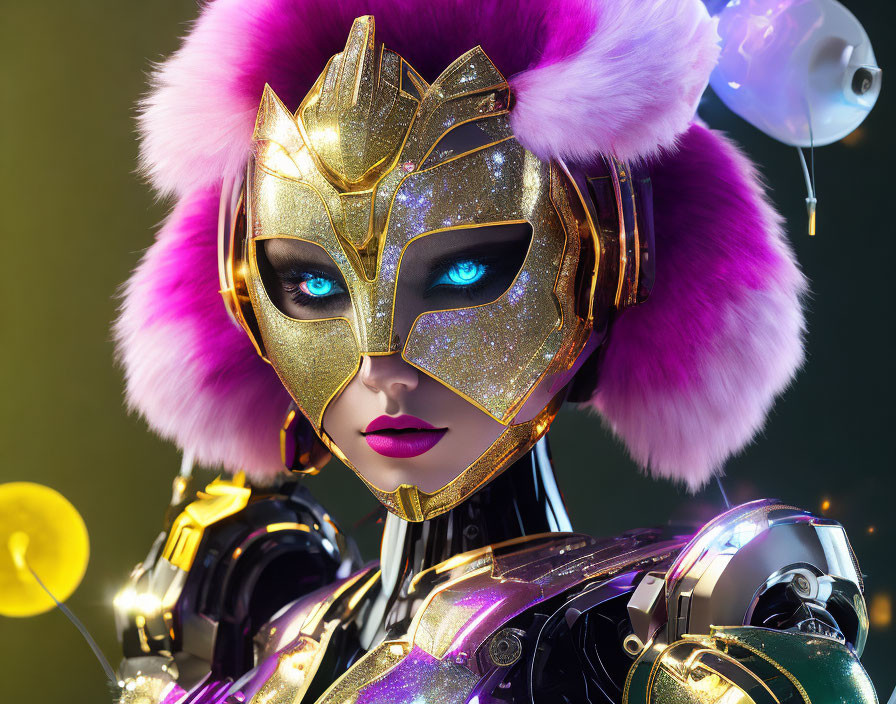 Futuristic female robot with golden mask and blue eyes