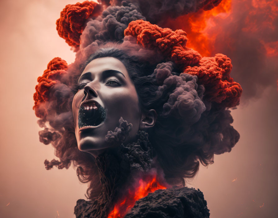 Profile of woman with open mouth emitting red and orange smoke against rosy background