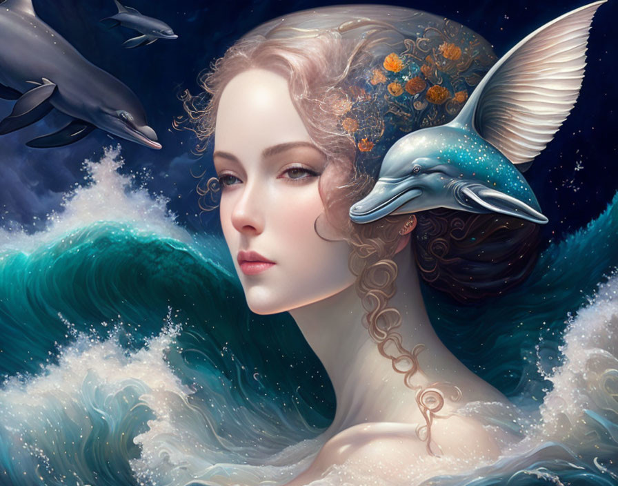 Illustration of woman merging with seascape and dolphins