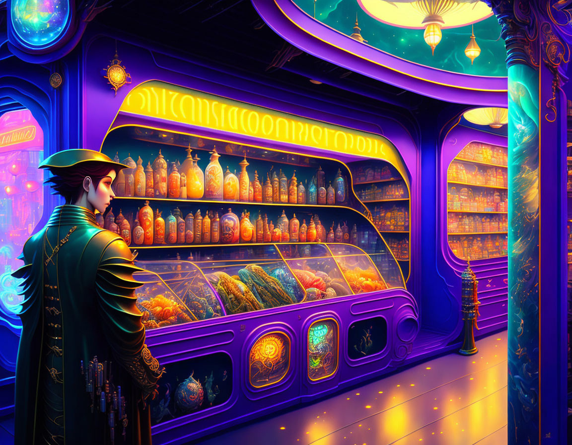 Person in Green Coat Gazing at Colorful Mystical Bottles in Ornate Shop