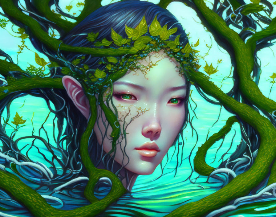 Fantasy female digital art with tree branches and leaf crown