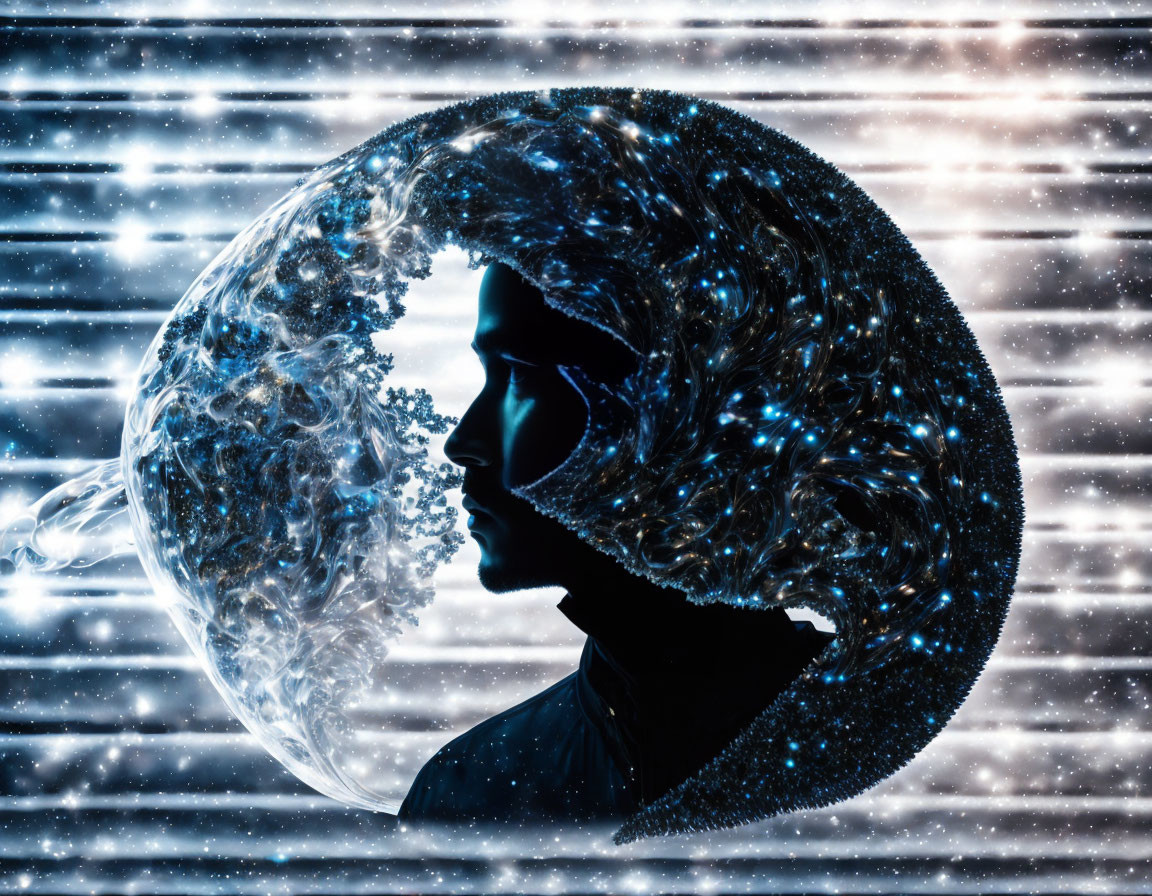 Digital art profile featuring cosmic background with planet merging into head