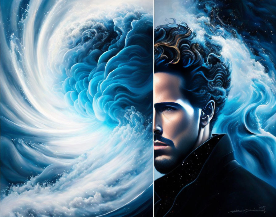 Man with Wavy Hair in Surreal Cosmic Background