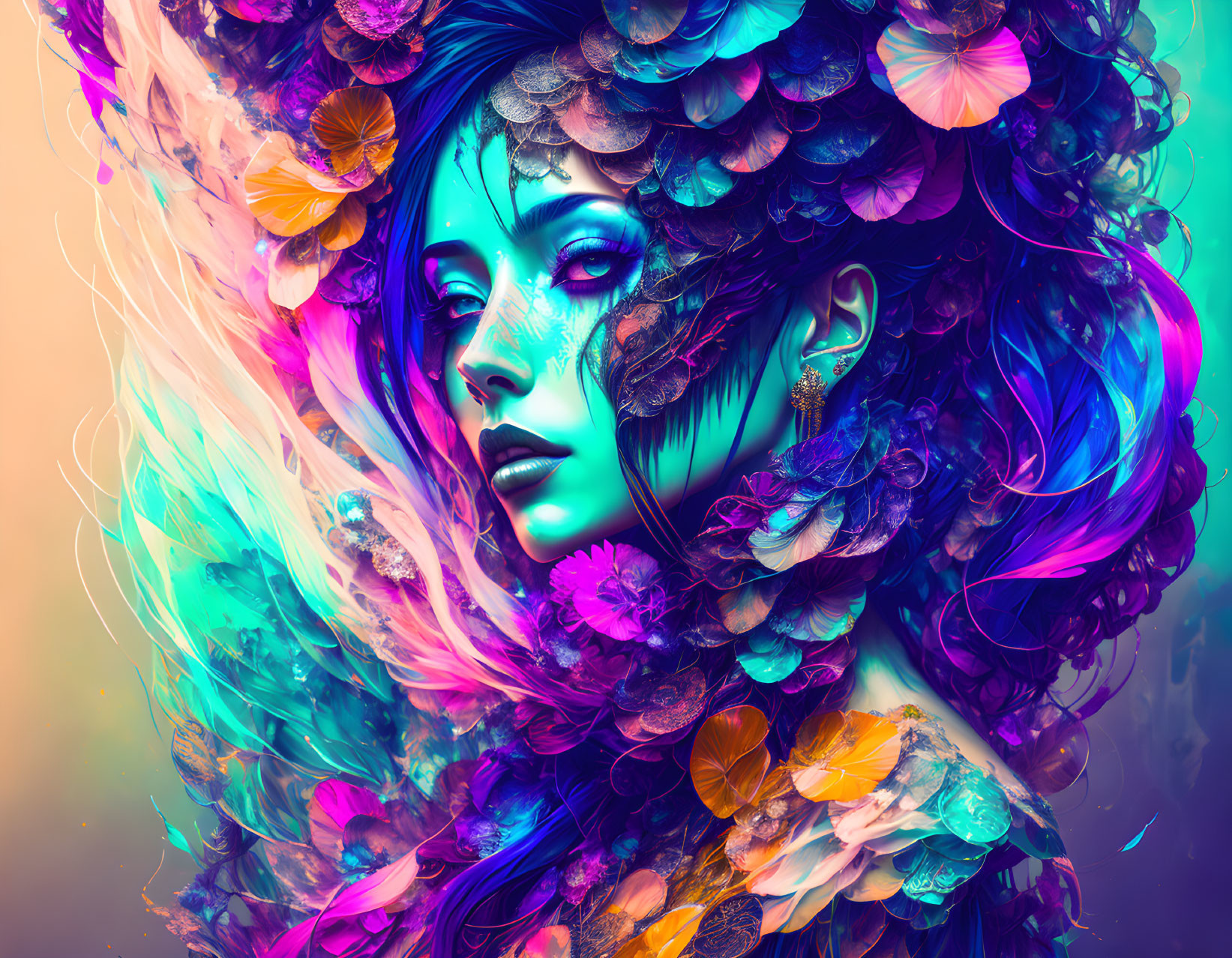 Colorful artwork of woman with blue skin and floral adornments