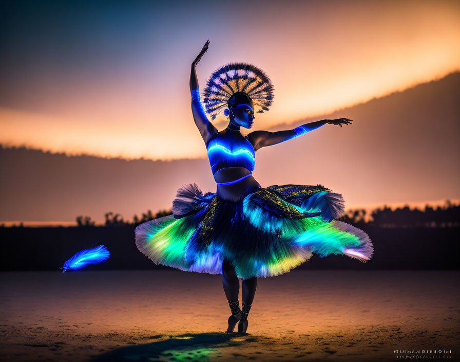 Colorful ballet dancer in glowing costume poses at twilight