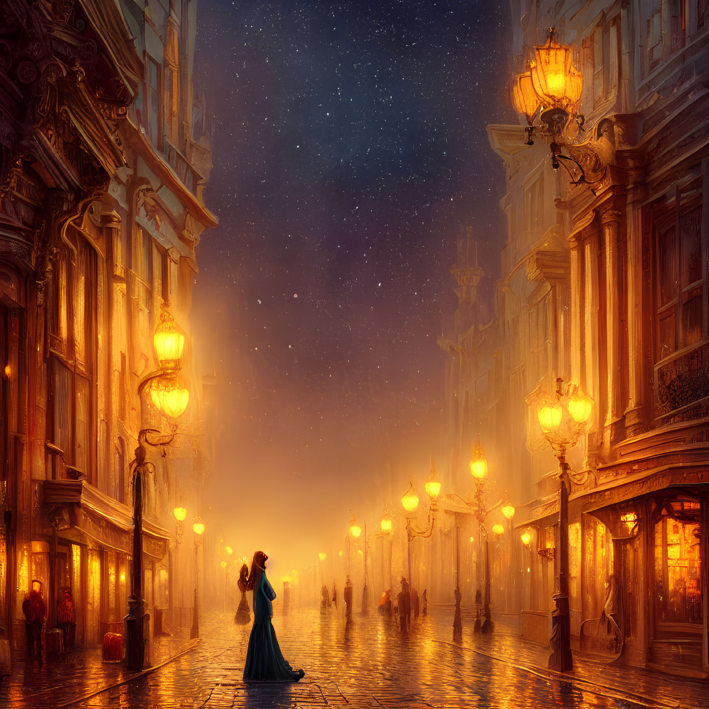 Woman in Blue Dress Stands on Cobblestone Street at Night