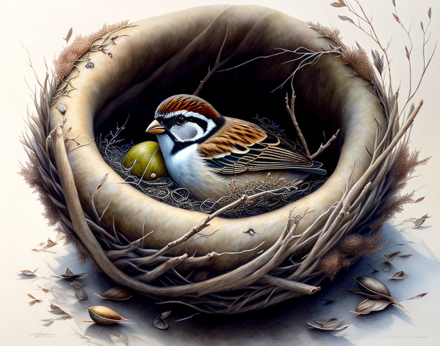 Realistic Sparrow Nest Illustration with Egg, Twigs, and Seeds