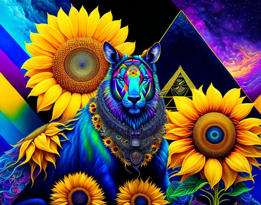 Psychedelic Tiger Art with Sunflowers and Cosmic Background