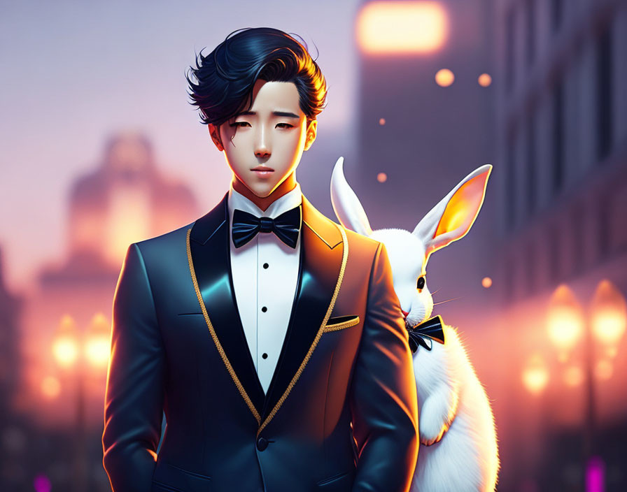 Illustration of man in black tuxedo with bow tie and white rabbit in cityscape.