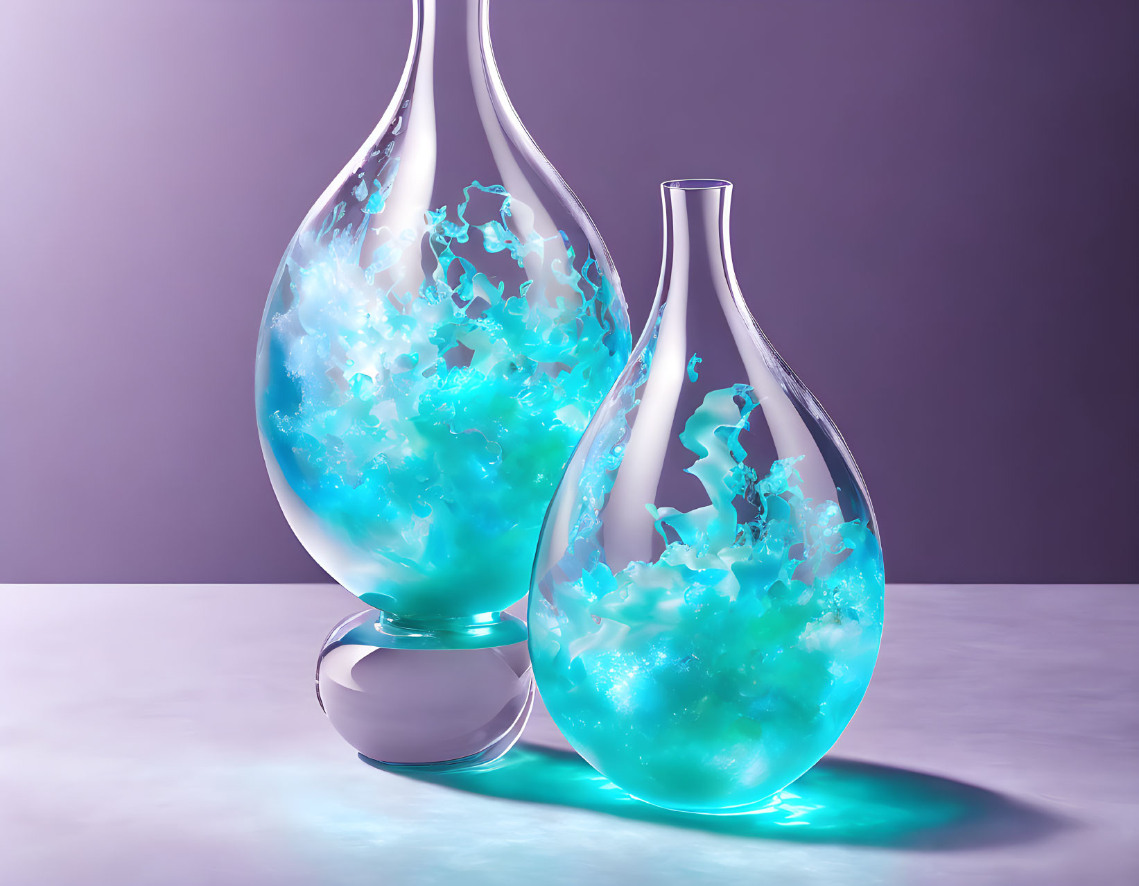 Swirling blue liquid in glass vases on purple background with aqua reflections