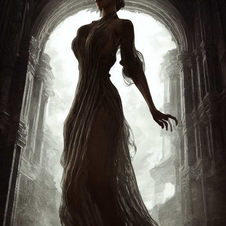 Silhouette of a figure in flowing dress amidst misty gothic architecture