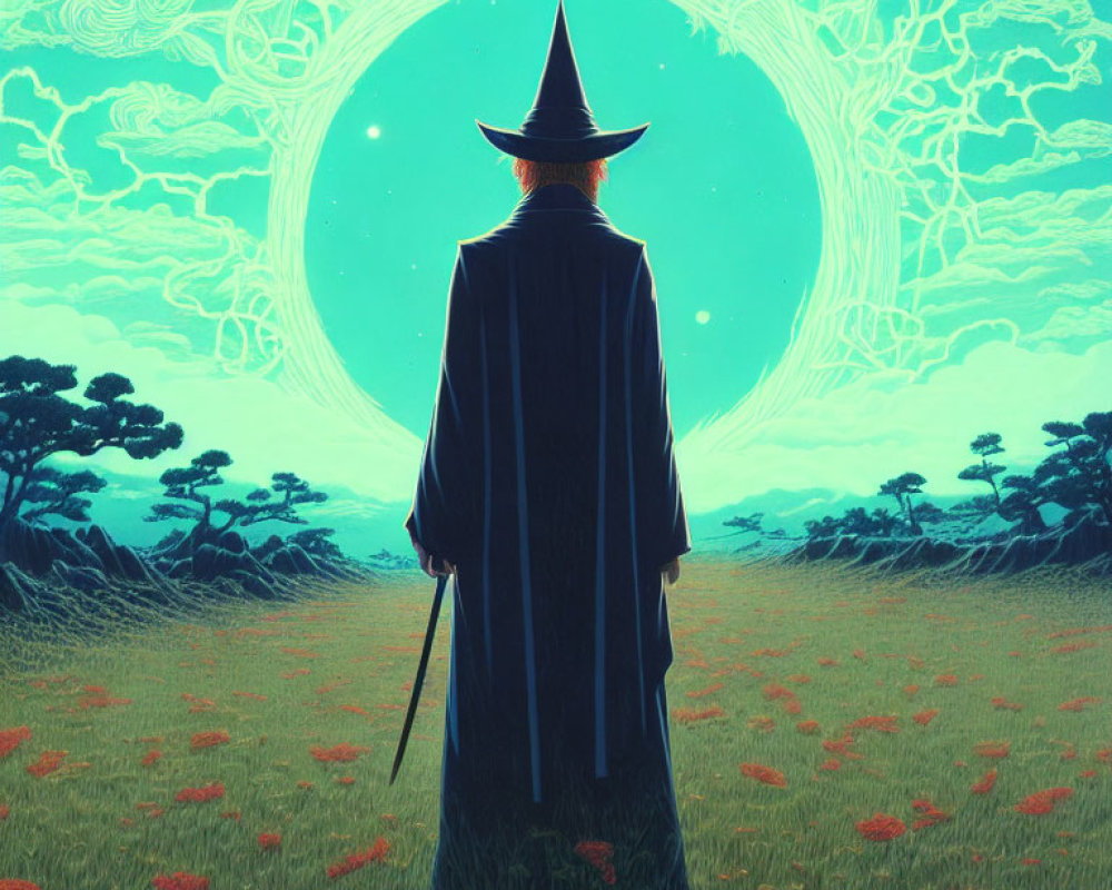 Wizard in mystical field facing glowing portal under starry sky